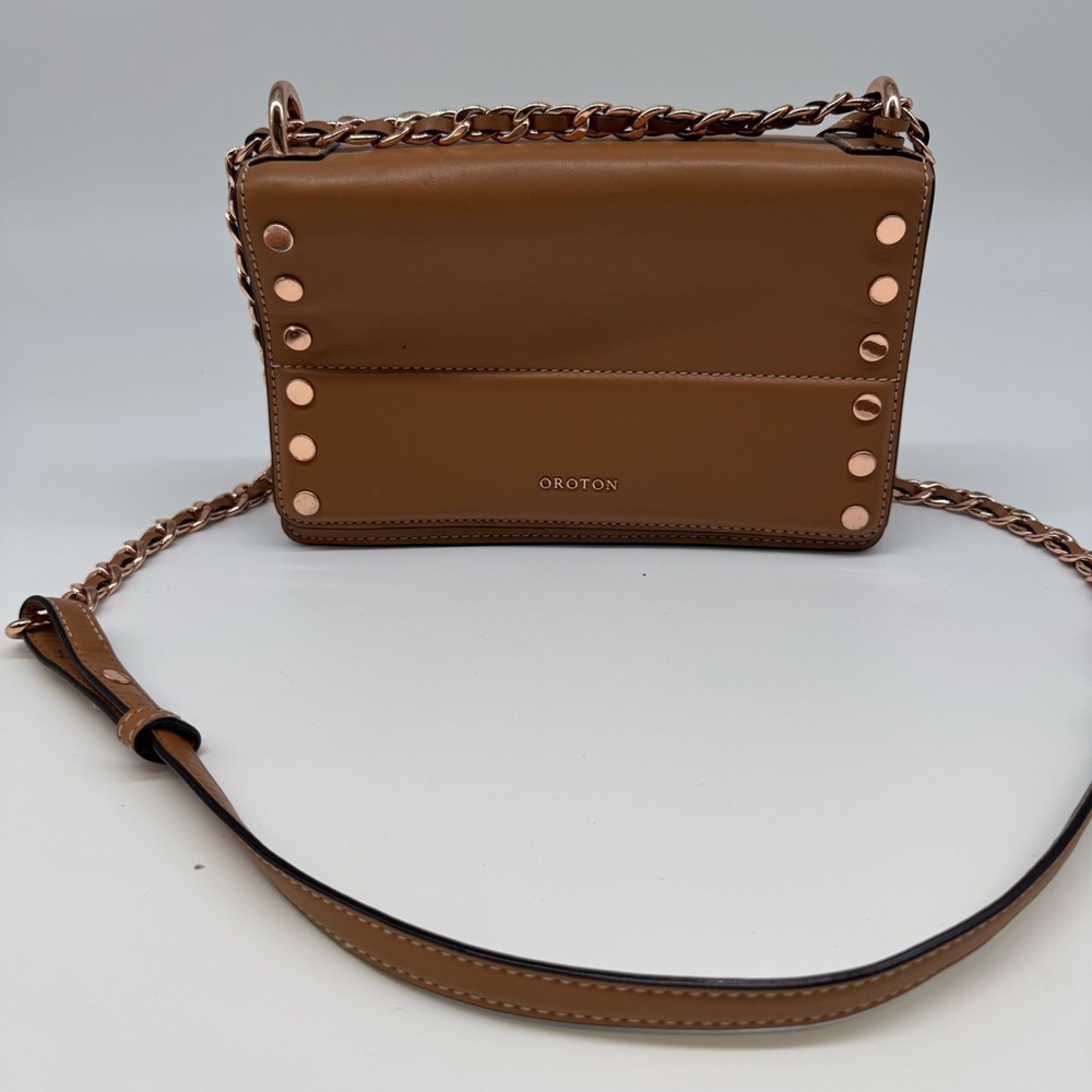 Oroton Tan Leather Crossbody Bag with Chain Strap